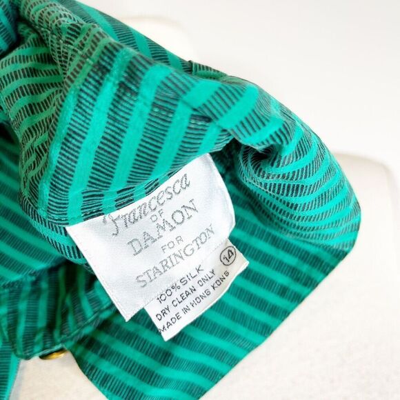 Vintage 80s Size M/L Silk Blouse Green Striped Popover Tunic Francesca of Damon - Picture 8 of 16